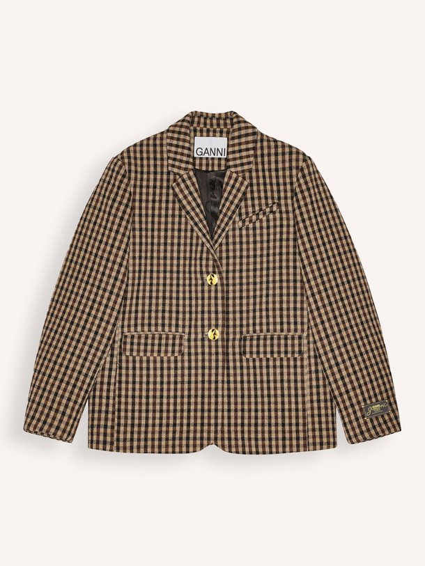 Ontdek de Wolmix oversized blazer met geruit dessin van Ganni in de kleur bruin bij Orangebag. Op werkdagen voor 21:45 besteld, morgen in huis.