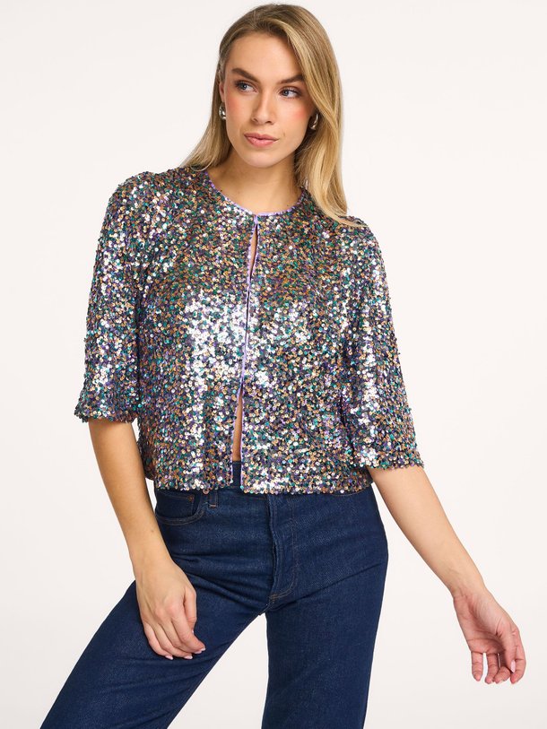 Ontdek de Trine geweven jasje met pailletten van Lollys Laundry in de kleur paars bij Orangebag. Op werkdagen voor 21:45 besteld, morgen in huis.