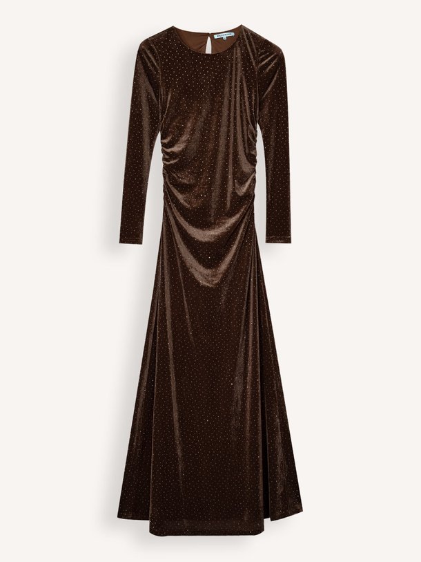 Ontdek de Fiesta velourse jersey jurk met strass van Bolina Island in de kleur donkerbruin bij Orangebag. Op werkdagen voor 21:45 besteld, morgen in huis.