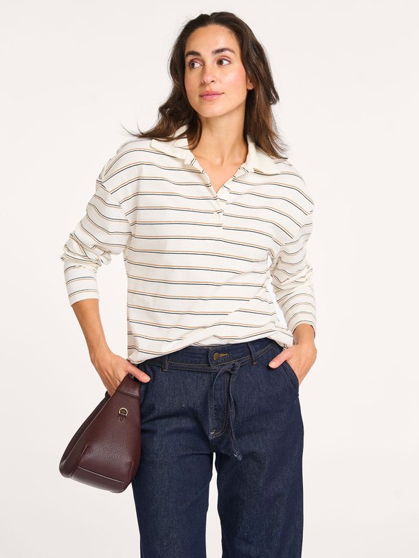 Ontdek de Anna katoen gestreepte polo top van My Essential Wardrobe in de kleur off-white bij Orangebag. Op werkdagen voor 21:45 besteld, morgen in huis.