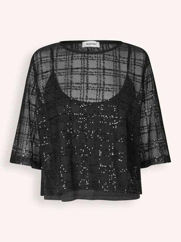 Ontdek de Pearleen mesh top met pailletten van Modstrom in de kleur zwart bij Orangebag. Op werkdagen voor 21:45 besteld, morgen in huis.