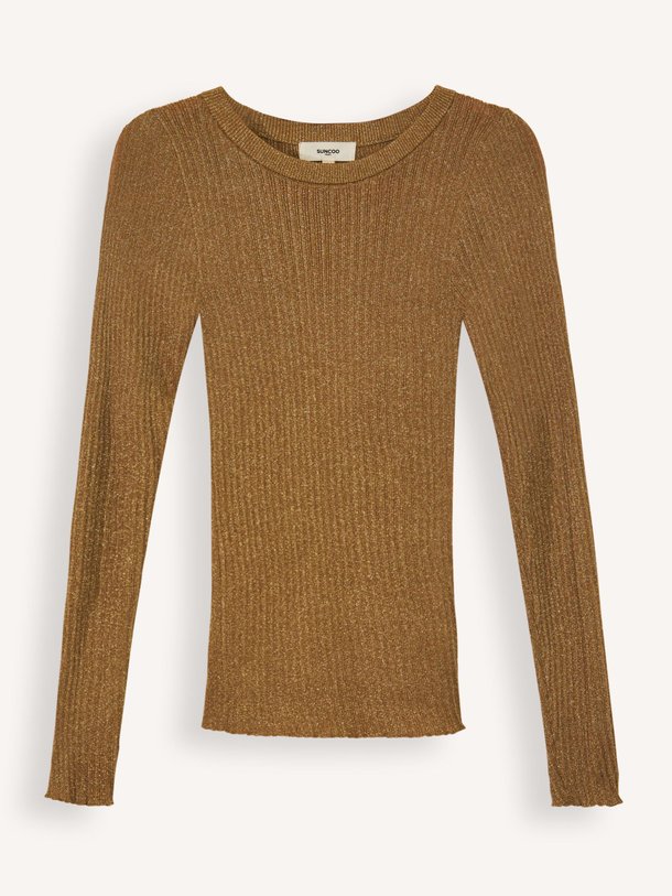 Ontdek de Praveg ribgebreide top met lurex van Suncoo in de kleur goudkleur bij Orangebag. Op werkdagen voor 21:45 besteld, morgen in huis.