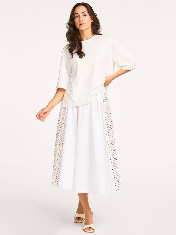 Ontdek de Bianco katoenen A-lijn rok met pailetten van forte_forte in de kleur wit bij Orangebag. Op werkdagen voor 21:45 besteld, morgen in huis.