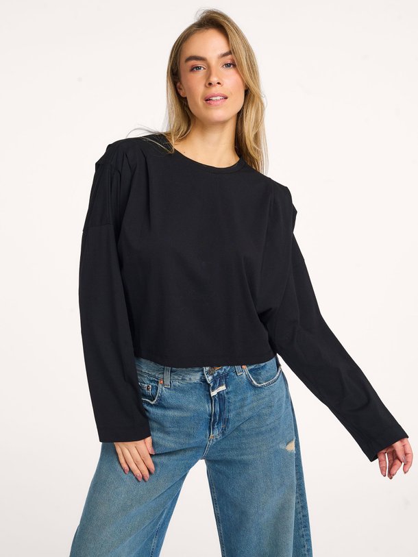 Ontdek de Katoenmix top met plooien van Frnch in de kleur zwart bij Orangebag. Op werkdagen voor 21:45 besteld, morgen in huis.