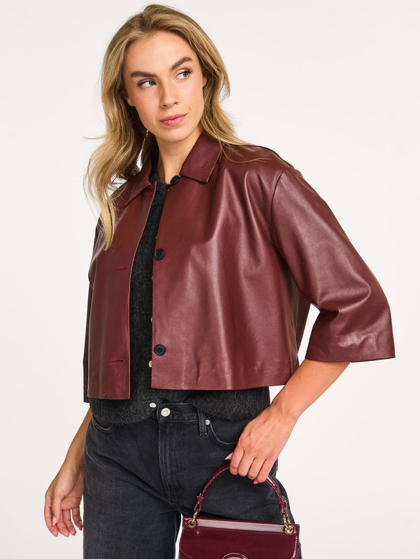 Ontdek de Hollis lederen jasje van Studio AR in de kleur bordeauxrood bij Orangebag. Op werkdagen voor 21:45 besteld, morgen in huis.