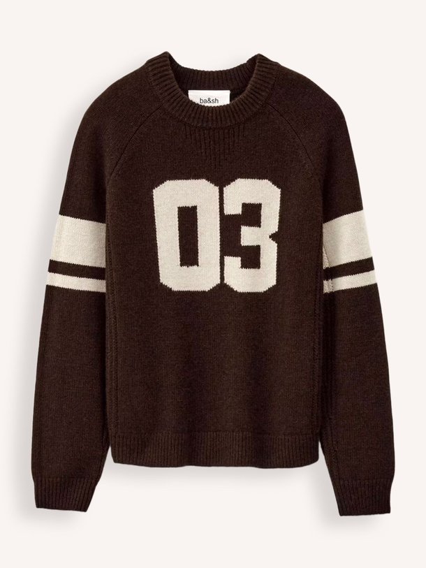 Ontdek de Cobe cashmere trui met dessin van ba-sh in de kleur donkerbruin bij Orangebag. Op werkdagen voor 21:45 besteld, morgen in huis.