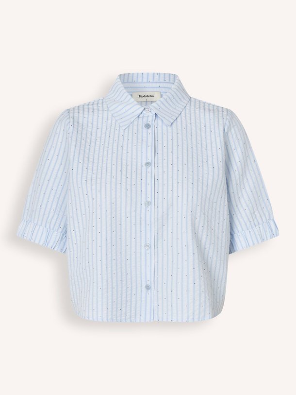 Ontdek de Patrizio katoenmix blouse met gestreept dessin van Modstrom in de kleur lichtblauw bij Orangebag. Op werkdagen voor 21:45 besteld, morgen in huis.