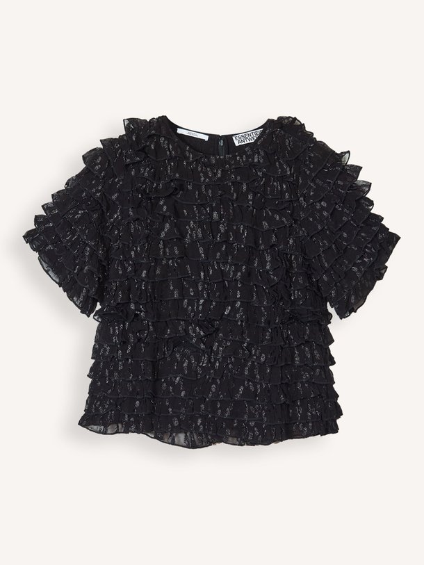 Ontdek de Incarvillea viscose top met lurex van Essentiel Antwerp in de kleur zwart bij Orangebag. Op werkdagen voor 21:45 besteld, morgen in huis.