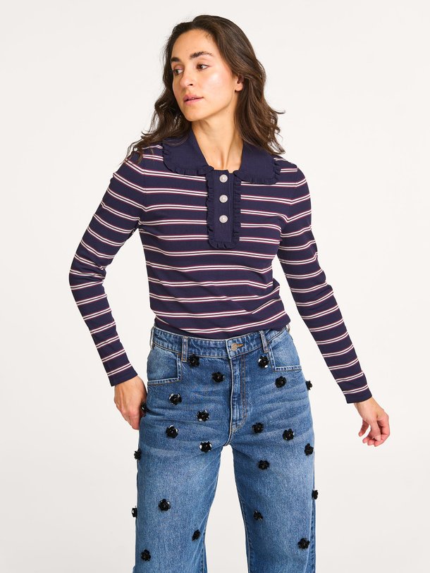 Ontdek de Catarin viscosemix gestreepte polo top van Baum und Pferdgarten in de kleur donkerblauw bij Orangebag. Op werkdagen voor 21:45 besteld, morgen in huis.