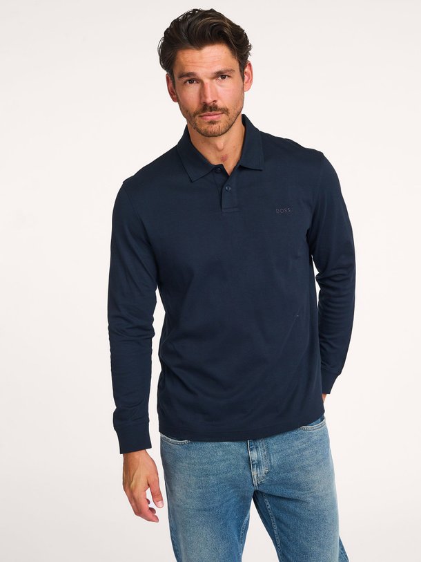 Ontdek de Interlock katoenen polo van Boss in de kleur donkerblauw bij Orangebag. Op werkdagen voor 21:45 besteld, morgen in huis.