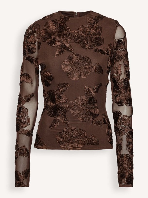 Ontdek de Zala geweven mesh top met dessin van Rotate Birger Christensen in de kleur donkerbruin bij Orangebag. Op werkdagen voor 21:45 besteld, morgen in huis.