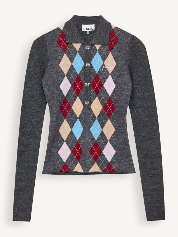 Ontdek de Merino wollen polo top met dessin van Ganni in de kleur donkergrijs bij Orangebag. Op werkdagen voor 21:45 besteld, morgen in huis.