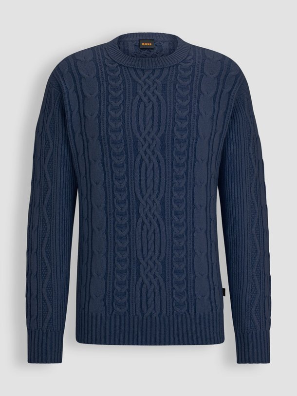 Boss Kubiel - Wolmix Trui Met Kabel Patroon - Donkerblauw Ontdek de Kubiel wolmix trui met kabel patroon van Boss in de kleur donkerblauw bij Orangebag. Op werkdagen voor 21:45 besteld, morgen in huis.