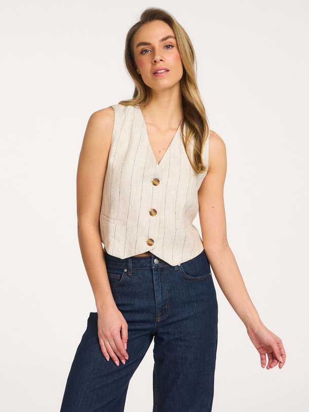 Ontdek de Fatima viscose/linnenmix gilet met krijtstreep van La Fee Maraboutee in de kleur Ecru bij Orangebag. Op werkdagen voor 21:45 besteld, morgen in huis.