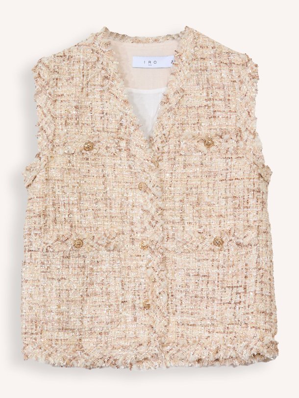 Ontdek de Ozya wolmix bouclé gilet met lurex van Iro in de kleur champagne bij Orangebag. Op werkdagen voor 21:45 besteld, morgen in huis.