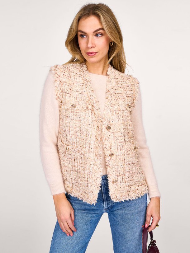 Ontdek de Ozya wolmix bouclé gilet met lurex van Iro in de kleur champagne bij Orangebag. Op werkdagen voor 21:45 besteld, morgen in huis.