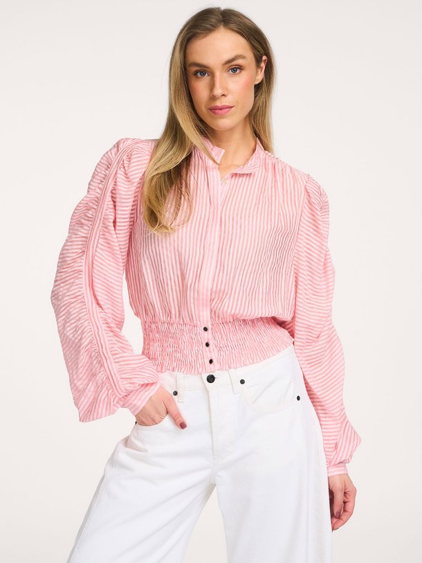 Ontdek de Beaudine geweven gestreepte blouse van Aaiko in de kleur Roze bij Orangebag. Op werkdagen voor 21:45 besteld, morgen in huis.