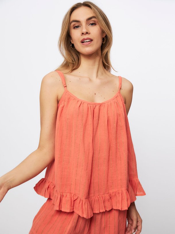 Poppy Field Mirian - Linnen-Look Top Met Lurex Patroon - Koraal Ontdek de Mirian linnen-look top met lurex patroon van Poppy Field in de kleur koraal bij Orangebag. Op werkdagen voor 21:45 besteld, morgen in huis.