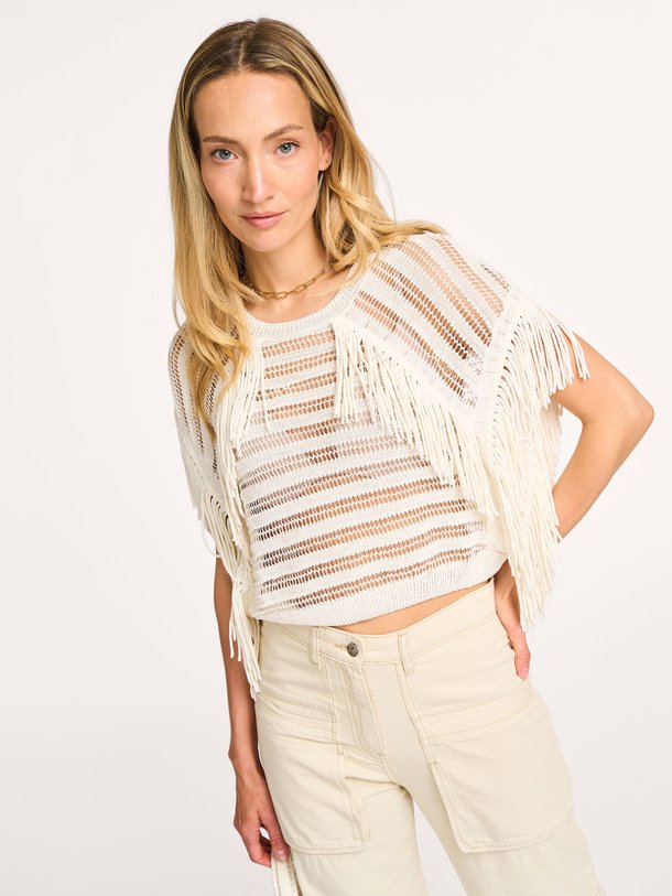 Ontdek de Paulin katoenmix opengewerkte top van Iro in de kleur off-white bij Orangebag. Op werkdagen voor 21:45 besteld, morgen in huis.