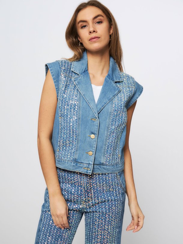 Ontdek de Denim gilet met pailletten van Summum in de kleur blauw bij Orangebag. Op werkdagen voor 21:45 besteld, morgen in huis.