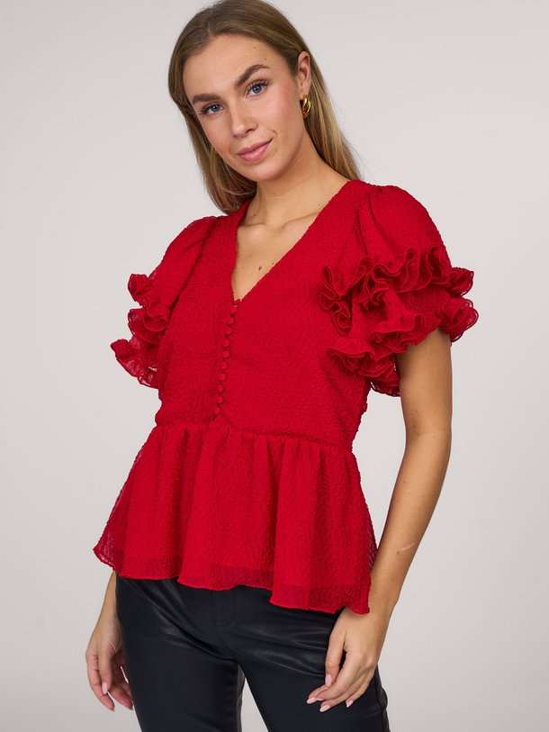 Ontdek de Loraine geweven top met ruches van Hofmann Copenhagen in de kleur rood bij Orangebag. Op werkdagen voor 21:45 besteld, morgen in huis.