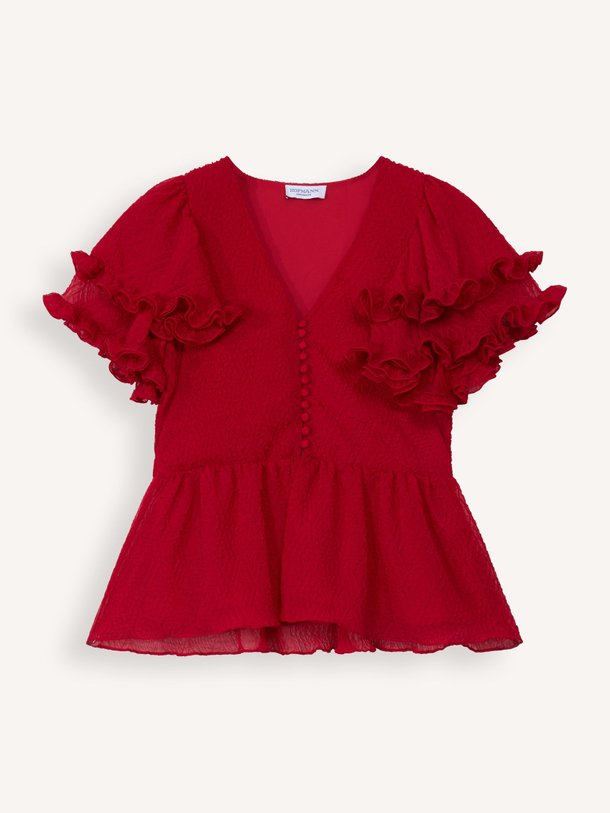 Ontdek de Loraine geweven top met ruches van Hofmann Copenhagen in de kleur rood bij Orangebag. Op werkdagen voor 21:45 besteld, morgen in huis.