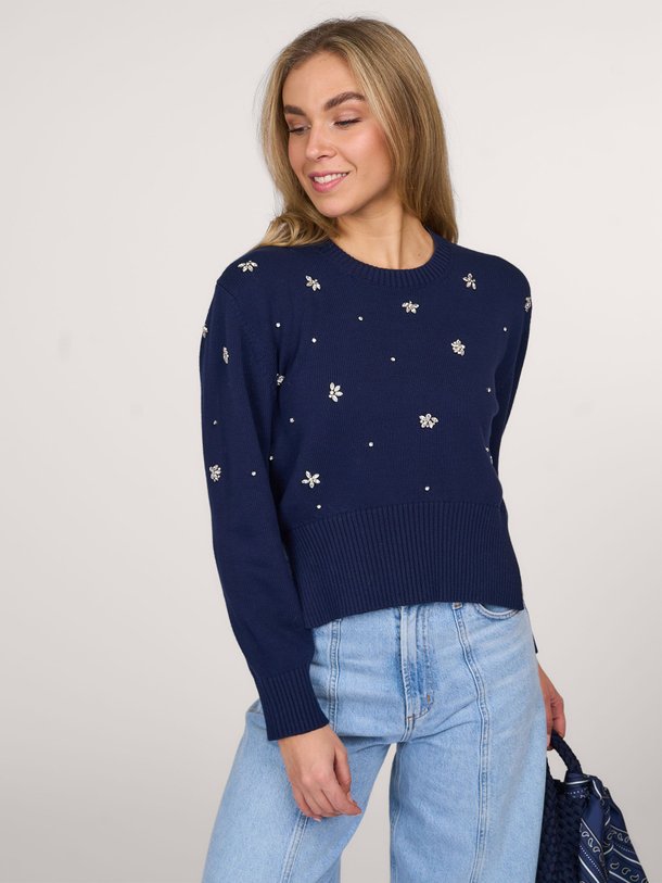 Ontdek de Katoenen trui met applicaties van Semicouture in de kleur donkerblauw bij Orangebag. Op werkdagen voor 21:45 besteld, morgen in huis.