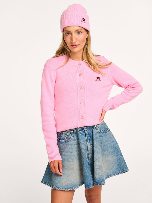 Ontdek de Wol/viscosemix vest met logo van Ganni in de kleur Roze bij Orangebag. Op werkdagen voor 21:45 besteld, morgen in huis.