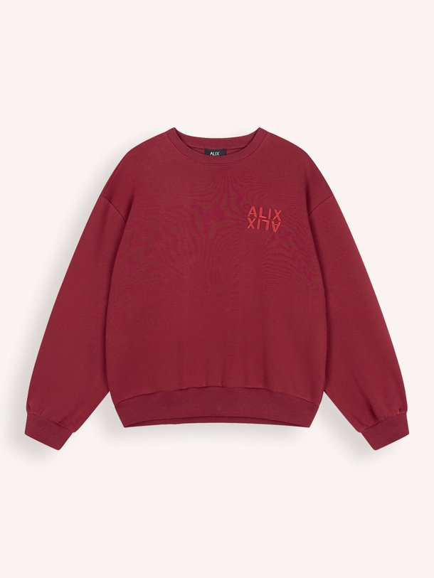 Ontdek de Katoenmix logo sweater van Alix The Label in de kleur Bordeauxrood bij Orangebag. Op werkdagen voor 21:45 besteld, morgen in huis.