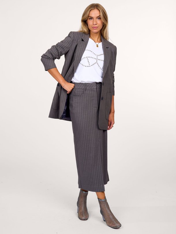 Ontdek de Tailor viscosemix rok met krijtstreep van Copenhagen Muse in de kleur grijs bij Orangebag. Op werkdagen voor 21:45 besteld, morgen in huis.