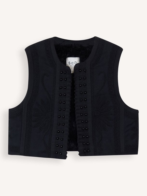 Ontdek de Ambrose katoenen gilet met borduursel van Sea New York in de kleur zwart bij Orangebag. Op werkdagen voor 21:45 besteld, morgen in huis.
