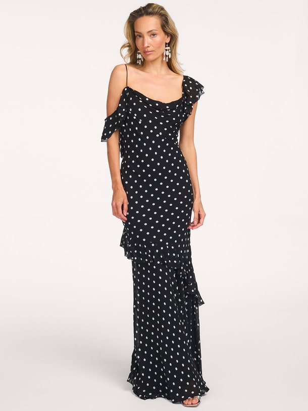 Ontdek de Georgette viscose maxi jurk met stippen van Self Portrait in de kleur Zwart bij Orangebag. Op werkdagen voor 21:45 besteld, morgen in huis.