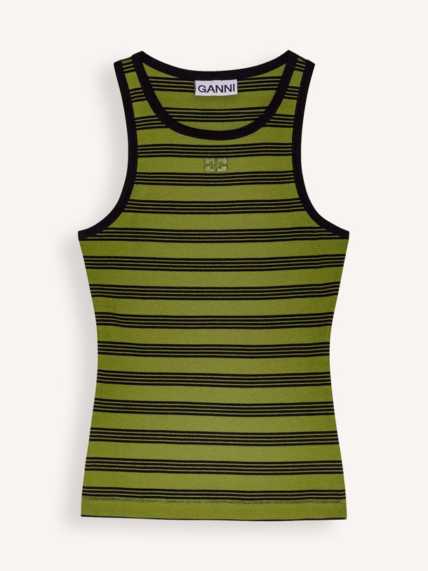 Ontdek de Katoenmix gestreepte rib tanktop van Ganni in de kleur groen bij Orangebag. Op werkdagen voor 21:45 besteld, morgen in huis.