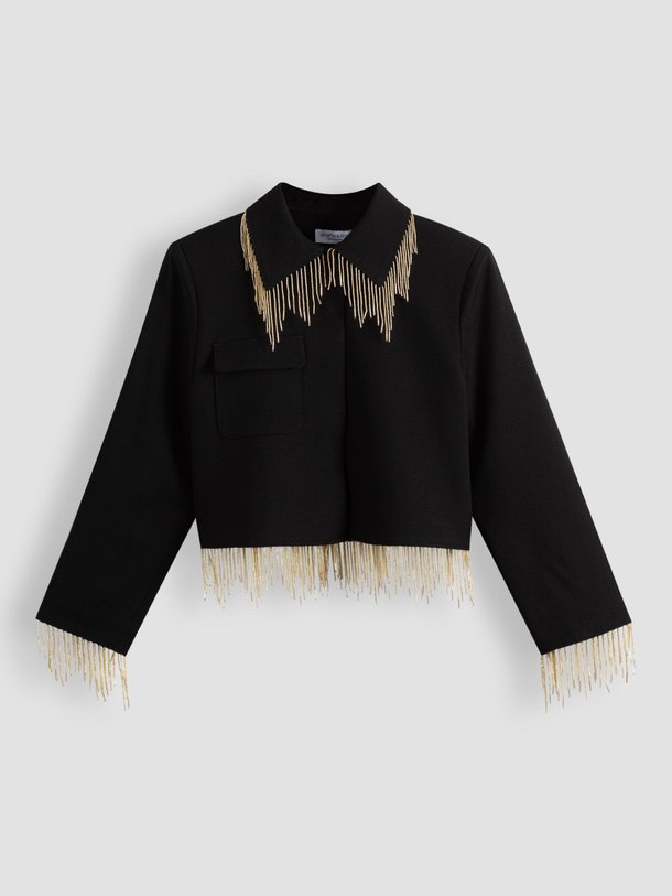 Ontdek de Lilou geweven cropped jasje met franjes van Hofmann Copenhagen in de kleur zwart bij Orangebag. Op werkdagen voor 21:45 besteld, morgen in huis.