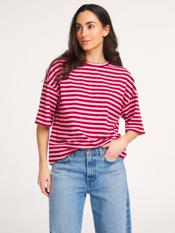 Ontdek de Joste katoenmix gestreept T-shirt met strass van Essentiel Antwerp in de kleur Roze bij Orangebag. Op werkdagen voor 21:45 besteld, morgen in huis.