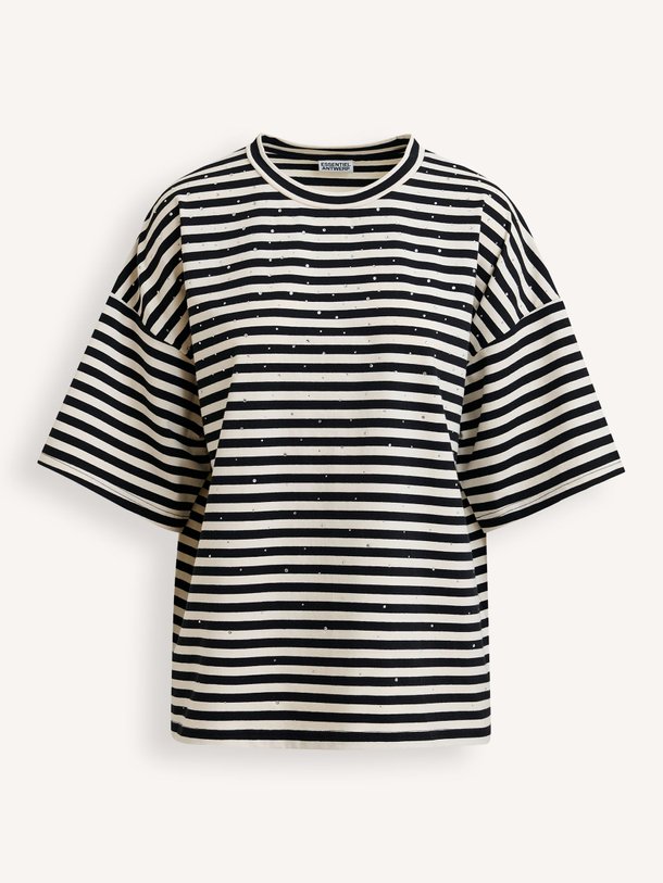 Ontdek de Joste katoenmix gestreept T-shirt met strass van Essentiel Antwerp in de kleur Zwart bij Orangebag. Op werkdagen voor 21:45 besteld, morgen in huis.