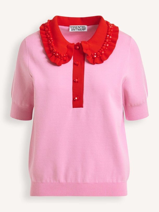 Ontdek de Jewelry viscosemix polo top van Essentiel Antwerp in de kleur Roze bij Orangebag. Op werkdagen voor 21:45 besteld, morgen in huis.