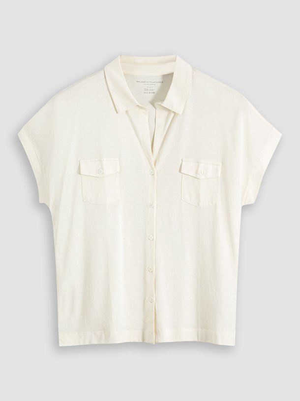 Ontdek de M296 Katoenmix slub blouse van Majestic Filatures in de kleur ecru bij Orangebag. Op werkdagen voor 21:45 besteld, morgen in huis.