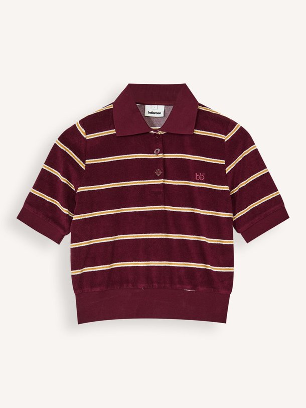 Ontdek de Crixus katoenmix gestreepte polo top van Bellerose in de kleur Bordeauxrood bij Orangebag. Op werkdagen voor 21:45 besteld, morgen in huis.