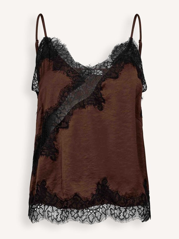Ontdek de Idun viscosemix top met kant van Co'Couture in de kleur Donkerbruin bij Orangebag. Op werkdagen voor 21:45 besteld, morgen in huis.