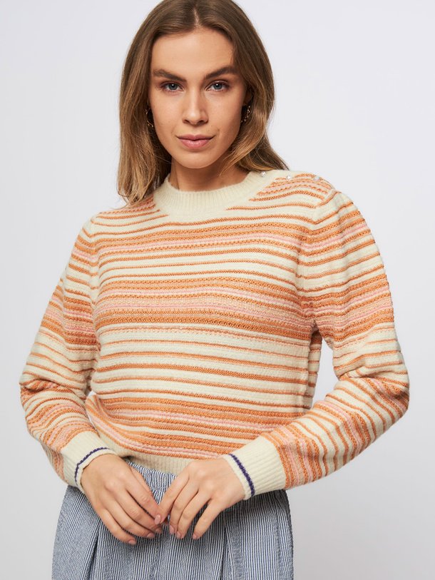 Ontdek de Nagaina wolmix gestreepte trui van Sessun in de kleur oranje bij Orangebag. Op werkdagen voor 21:45 besteld, morgen in huis.