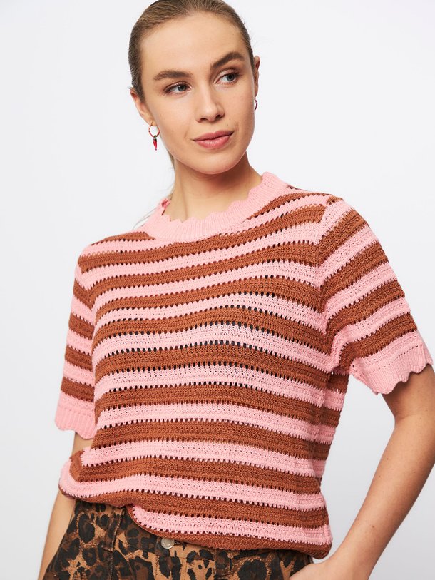 Ontdek de Cilya gebreide gestreepte top van Frnch in de kleur roze bij Orangebag. Op werkdagen voor 21:45 besteld, morgen in huis.