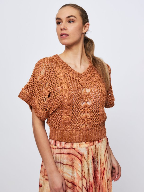 Ontdek de Capria viscosemix top met opengewerkt patroon van Mes Demoiselles in de kleur cognac bij Orangebag. Op werkdagen voor 21:45 besteld, morgen in huis.