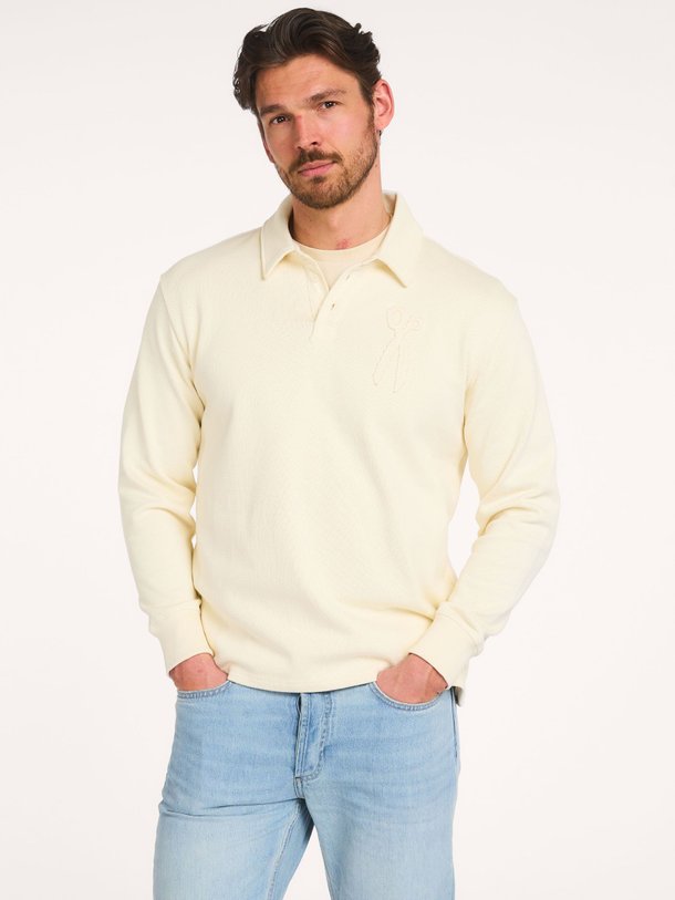 Ontdek de Scissor katoenen polo sweater van Denham in de kleur Off-white bij Orangebag. Op werkdagen voor 21:45 besteld, morgen in huis.