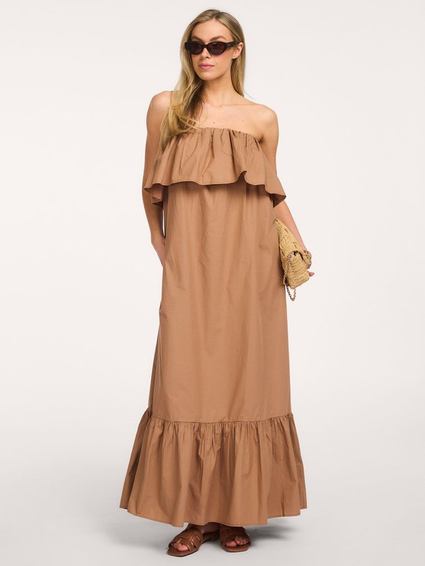 Ontdek de Joyce katoenen strapless jurk van Essentiel Antwerp in de kleur Bruin bij Orangebag. Op werkdagen voor 21:45 besteld, morgen in huis.