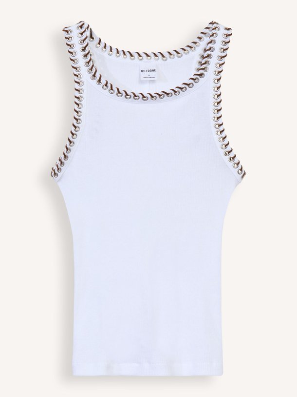 Re/Done Katoenen Rib Tanktop Met Eyelets - Wit Ontdek de Katoenen rib tanktop met eyelets van Re/Done in de kleur wit bij Orangebag. Op werkdagen voor 21:45 besteld, morgen in huis.