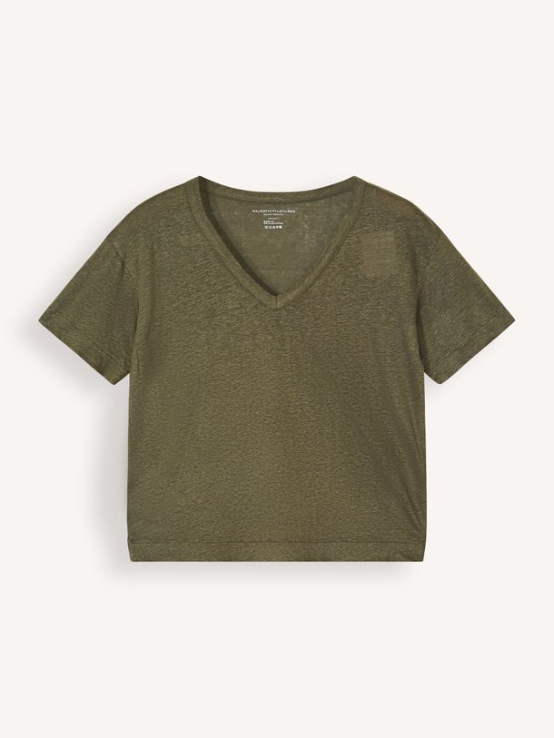 Ontdek de M011 Linnenmix T-shirt van Majestic Filatures in de kleur mosgroen bij Orangebag. Op werkdagen voor 21:45 besteld, morgen in huis.