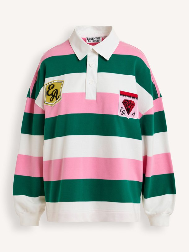 Ontdek de Joueur katoenmix gestreepte polo sweater van Essentiel Antwerp in de kleur Roze bij Orangebag. Op werkdagen voor 21:45 besteld, morgen in huis.