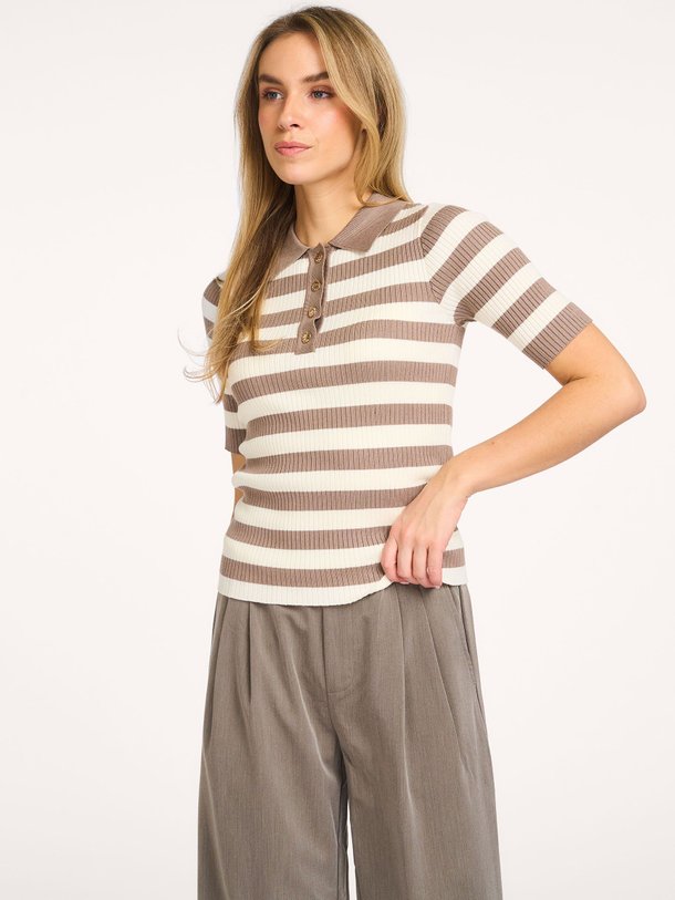 Ontdek de Bonny viscosemix gestreepte polo top van Co'Couture in de kleur Lichtbruin bij Orangebag. Op werkdagen voor 21:45 besteld, morgen in huis.