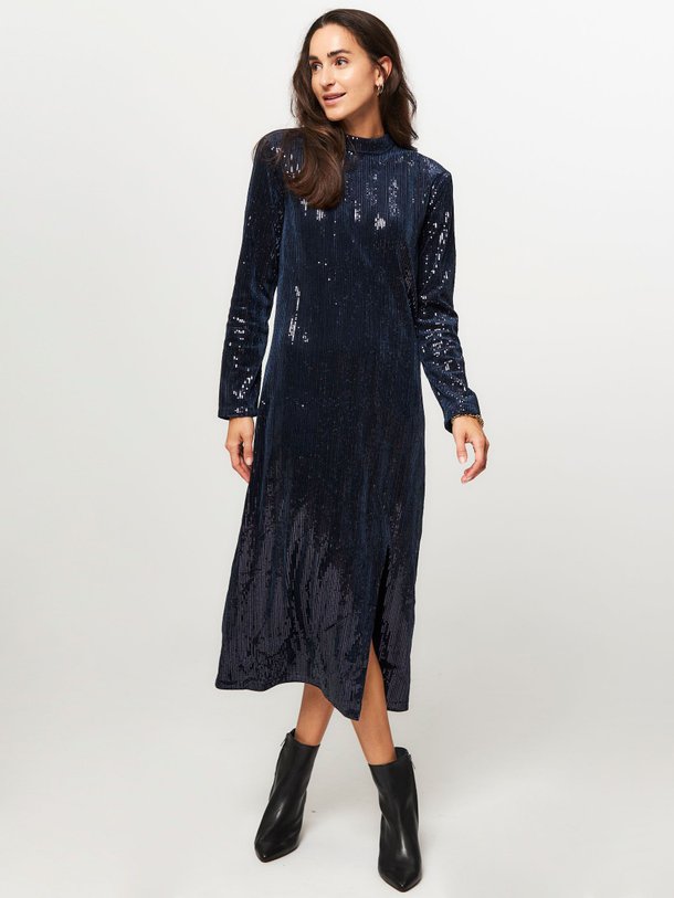 Ontdek de Mady geweven pailletten jurk van Frnch in de kleur donkerblauw bij Orangebag. Op werkdagen voor 21:45 besteld, morgen in huis.